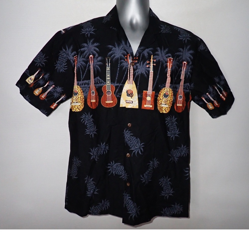 Vintage Ky's Hawaiian Shirt Men S Island Ukulele chest boarder Palm Trees Black